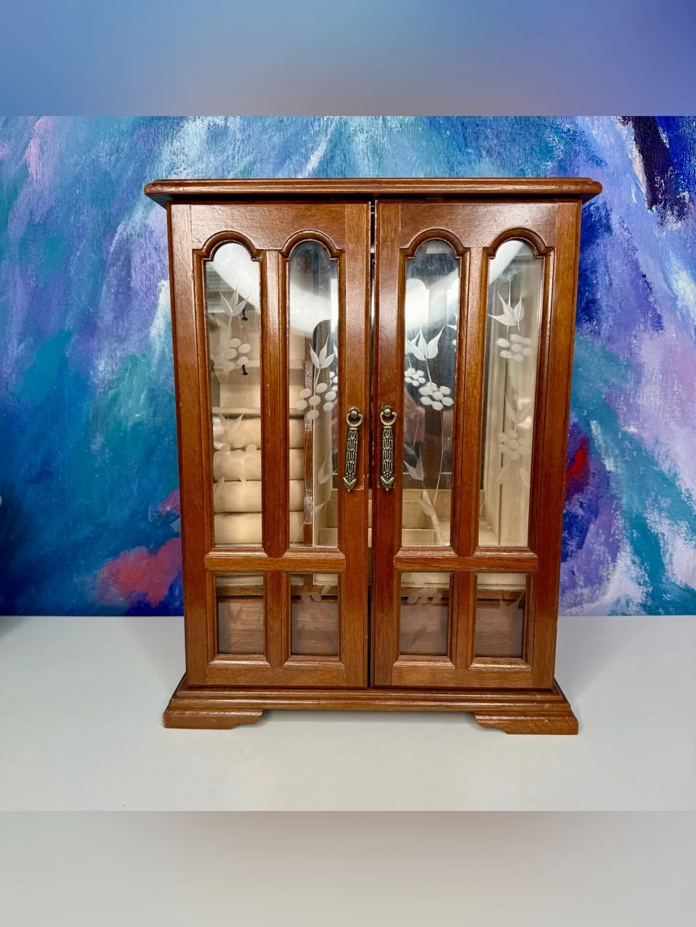 Vintage Wooden Jewelry Box Etched Floral Glass 1980s Armoire Chest Mirror Drawer
